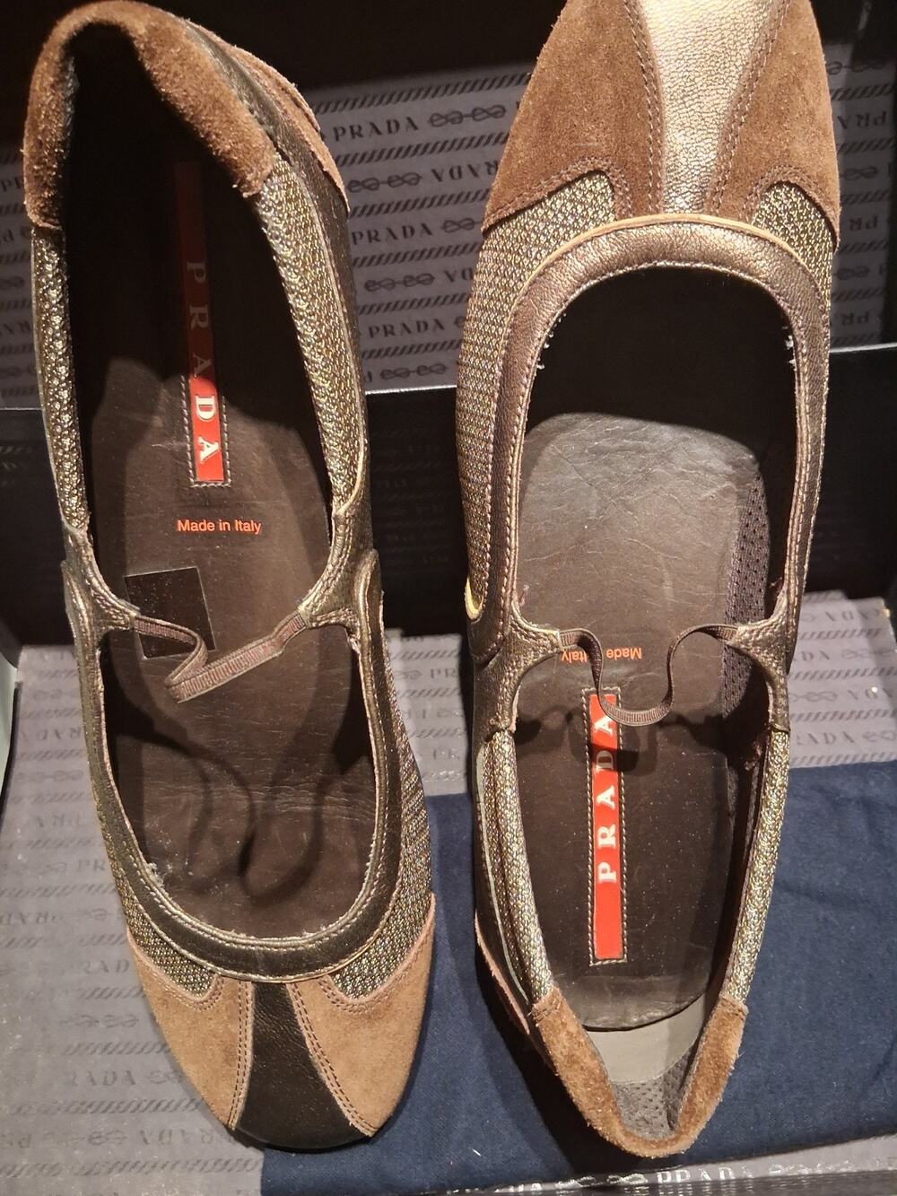 NIB PRADA BRONZE LEATHER BROWN SUEDE MESH FLATS 40 ITALY